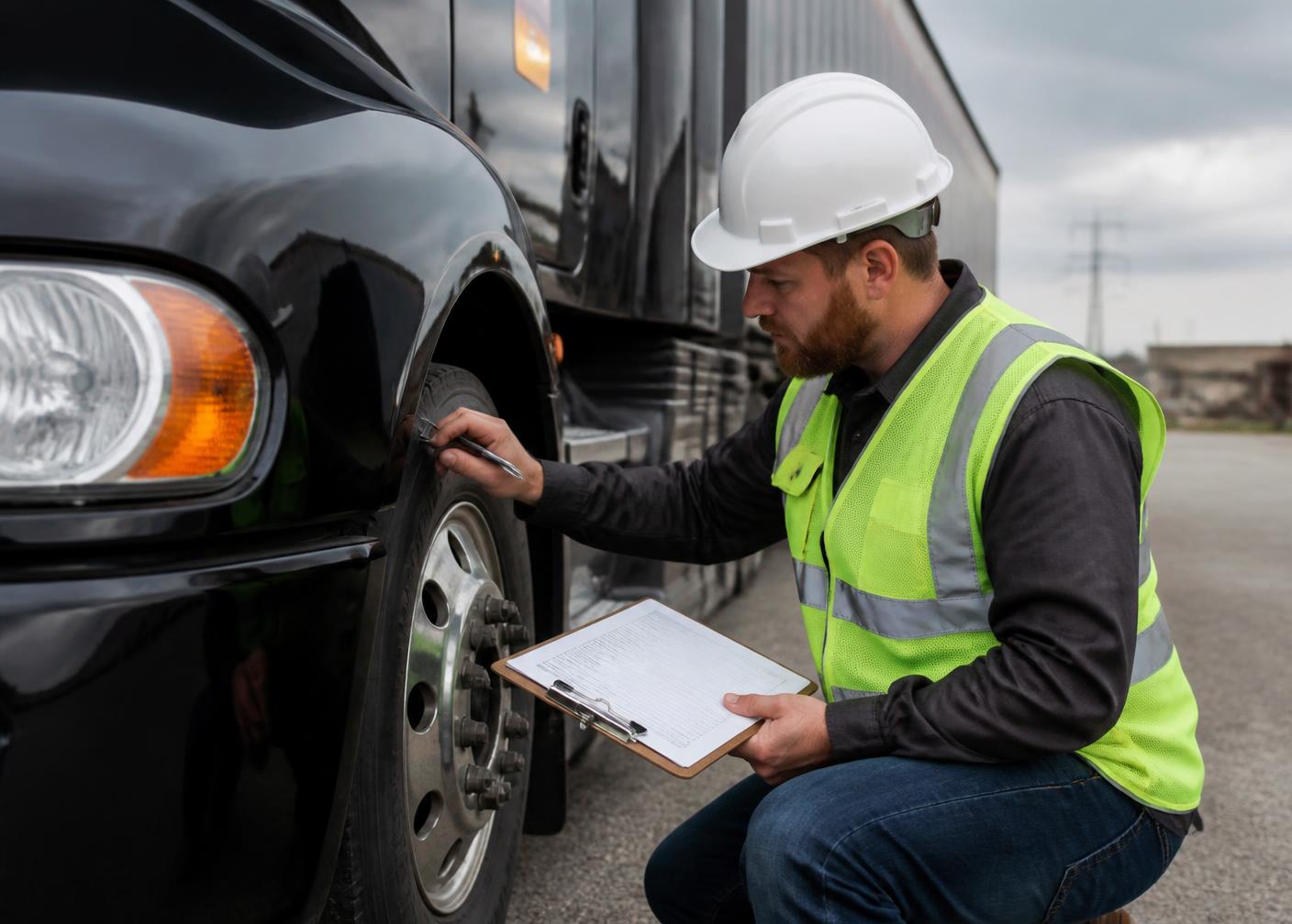 Hauling Matter driver completing a documented pre-trip inspection on a tractor