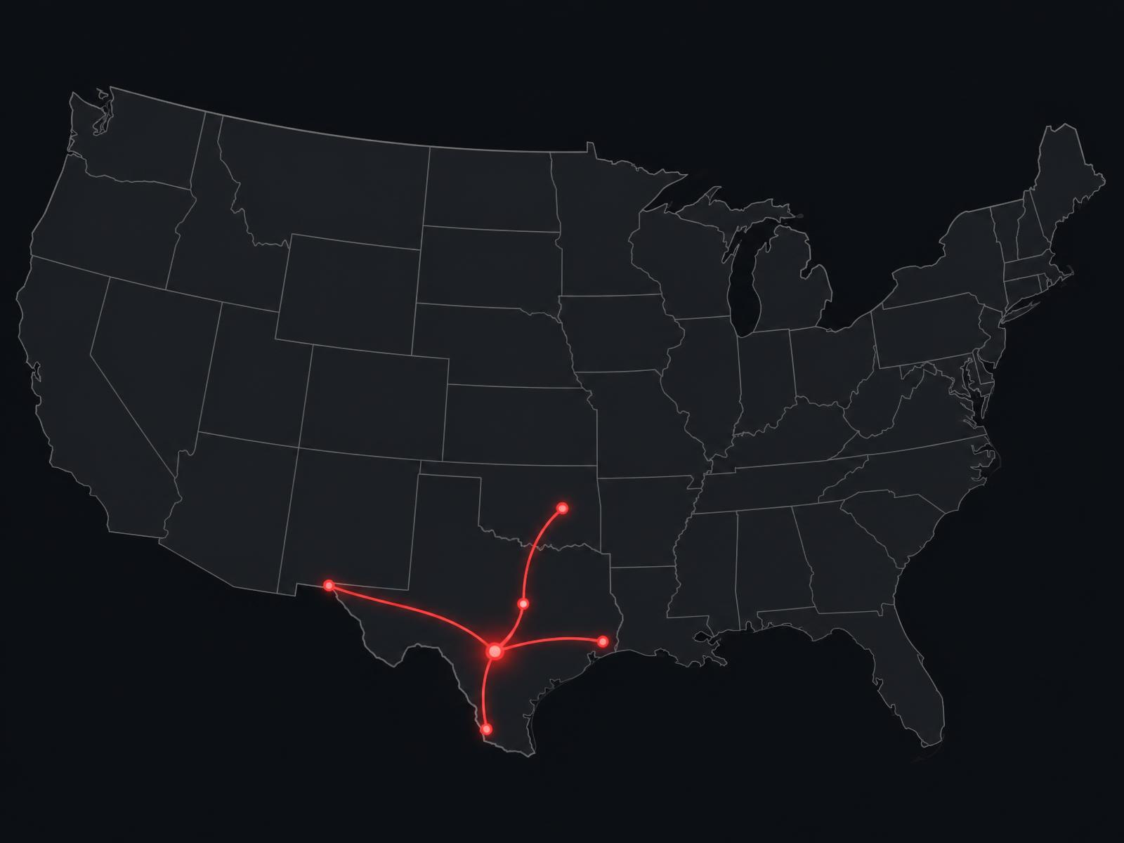 Map of Hauling Matter LLC freight lanes radiating from San Antonio across Texas and the lower 48 states